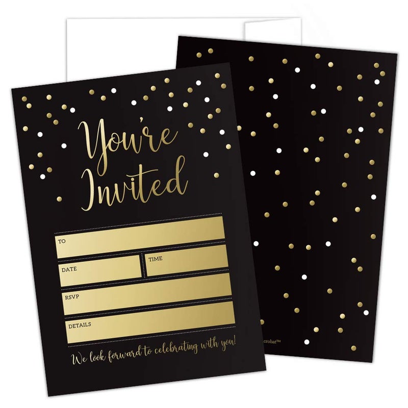 Hat Acrobat Black and Gold Party Invitations with Envelopes Perfect for Anniversary, Birthday, Rehearsal Dinner, Bachelorette Party, Graduation, 25 Pack - Image 1